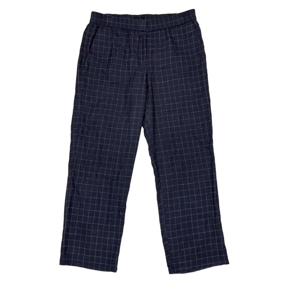 EILEEN FISHER Tussah Silk Plaid Pant S Blue Elastic Waist Lightweight EUC B16